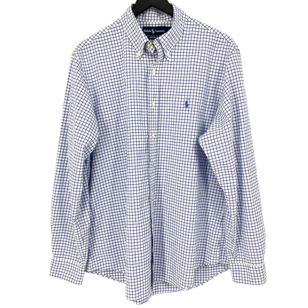 VTG RALPH LAUREN Graph Check Custom Fit White Blue Button Down Long Sleeve Shirt